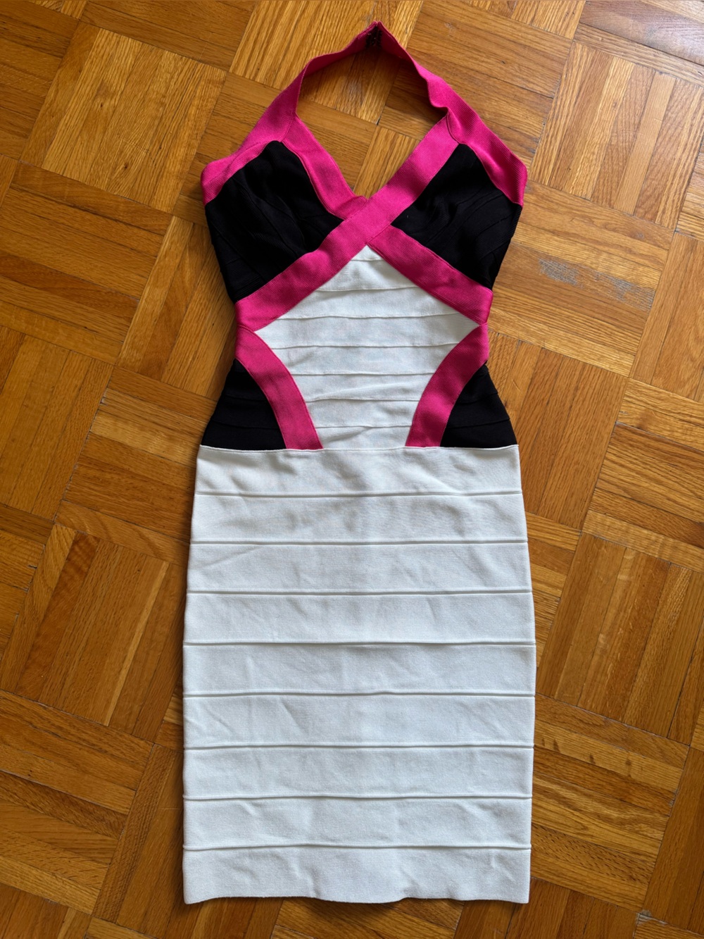 Herve Leger White, Black & Hot Pink Bandage Pencil Skirt Dress